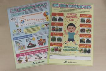 秋田県で収穫されている青果物の栄養素や食料自給率について紹介したクリアファイルの内容を表示