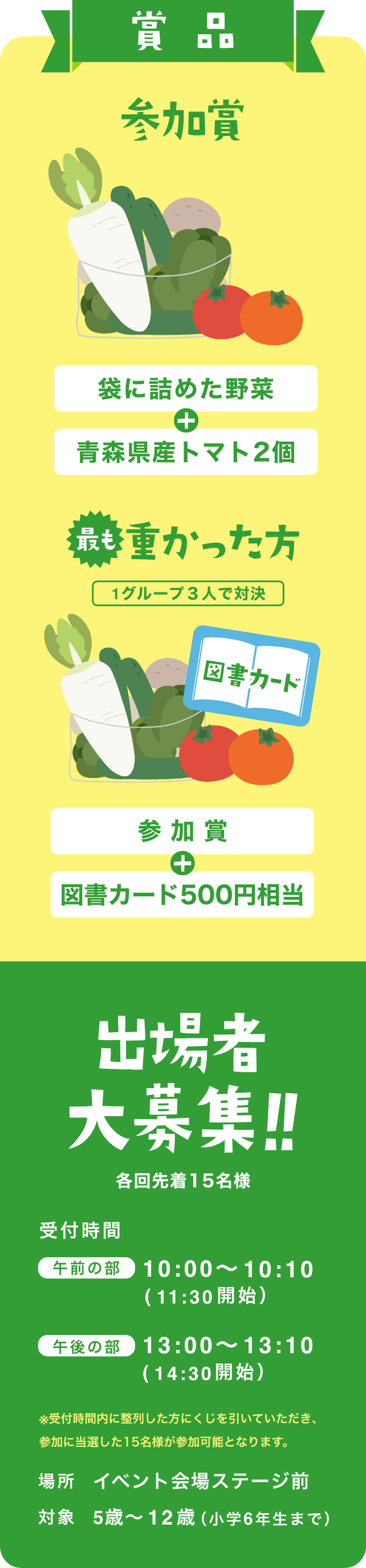 参加賞｜袋に詰めた野菜+青森県産トマト2個 最も重かった方｜参加賞+図書カード500円相当 出場者大募集！各回先着15名様！受付時間：午前の部 10:00～11:10（11:30開始）｜午後の部 13:00〜13:10（14:30開始）※受付時間内に整列した方にくじを引いていただき、参加に当選した15名様が参加可能となります。場所 イベント会場ステージ前 対象 5歳〜12歳（小学6年生まで）