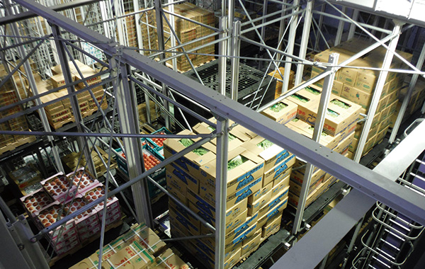 Fresh produce stored temporarily in an automated low-temperature warehouse