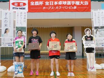 笑顔で副賞を受け取るホープス(女子)の子どもたちの内容を表示