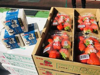贈呈した岐阜県産イチゴ「美濃娘」(右)と岐阜県産米「美濃ハツシモ」キューブ米(左)の内容を表示