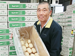 真っ白な肌の浮島蓮根が入ったダンボールを手にするJA稲敷 蓮根部浮島支部長の浜田 忠行さん