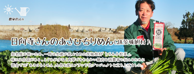 知名度が低いため、一時は生産が危ぶまれた茨城旭村「ちぢみ小松菜」。
味には自信がある。えぐみが少なく肉厚でやわらかい魅力を消費者に伝えるために
部会では「あさひちりめん」と名を変えブランド化プロジェクトを立ち上げました。
