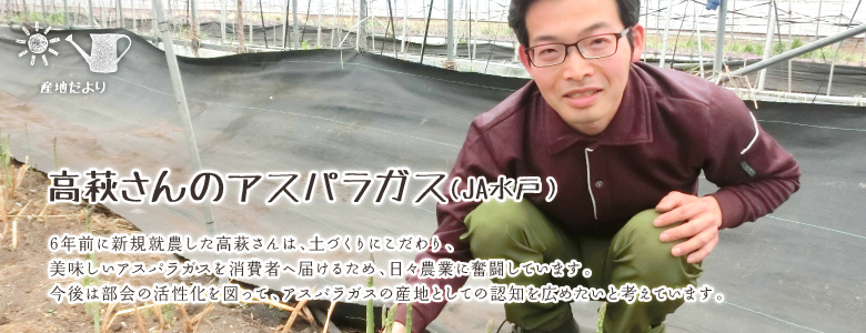 6年前に新規就農した高萩さんは、土づくりにこだわり、
美味しいアスパラガスを消費者へ届けるため、日々農業に奮闘しています。
今後は部会の活性化を図って、アスパラガスの産地としての認知を広めたいと考えています。
