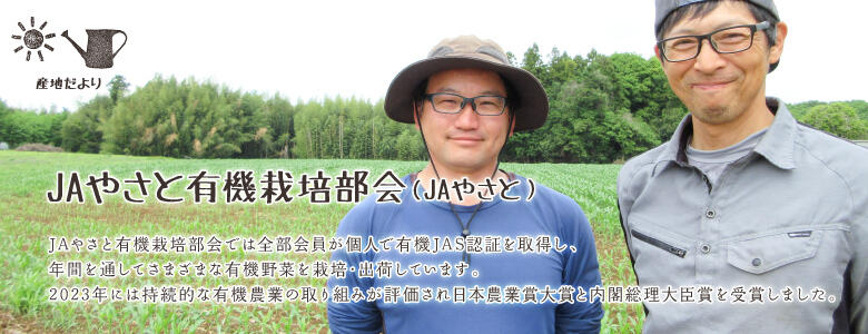 JAやさと有機栽培部会では全部会員が個人で有機JAS認証を取得し、年間を通してさまざまな有機野菜を栽培・出荷しています。2023年には持続的な有機農業の取り組みが評価され日本農業賞大賞と内閣総理大臣賞を受賞しました。