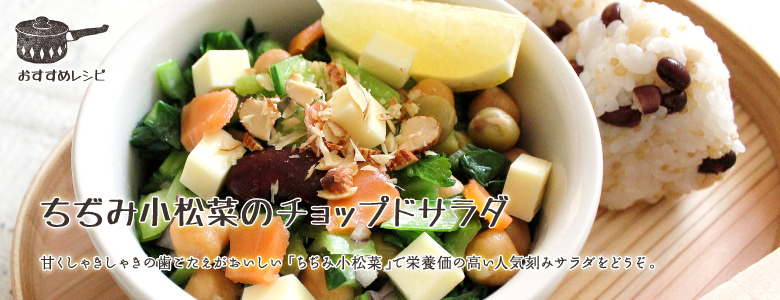 甘くしゃきしゃきの歯ごたえがおいしい「ちぢみ小松菜」で栄養価の高い人気刻みサラダをどうぞ。
