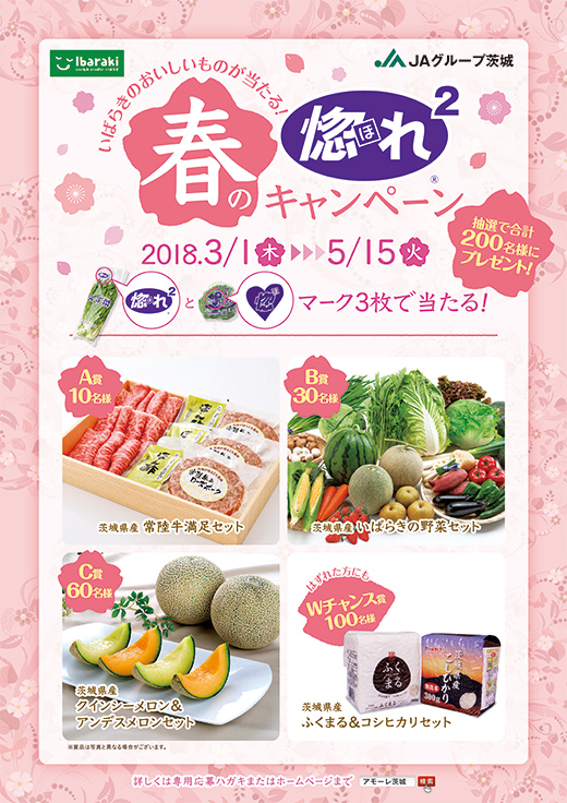 春の惚れ惚れキャンペーンが2018年3月1日木曜日から5月15日火曜日まで開催。JAいばらきの野菜パッケージにについている惚れ惚れマーク、または惚レタスマークを3枚切り取って応募はがきまたは市販のはがきに貼り、応募して下さい。詳しい応募方法は下記の応募要項をご覧ください。