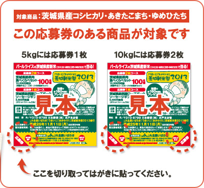 対象商品：茨城県産コシヒカリ・あきたこまち・ゆめひたち ５ｋｇには応募券１枚、１０ｋｇには応募券２枚がついています　応募券を切り取ってはがきに貼り付けてご応募ください。