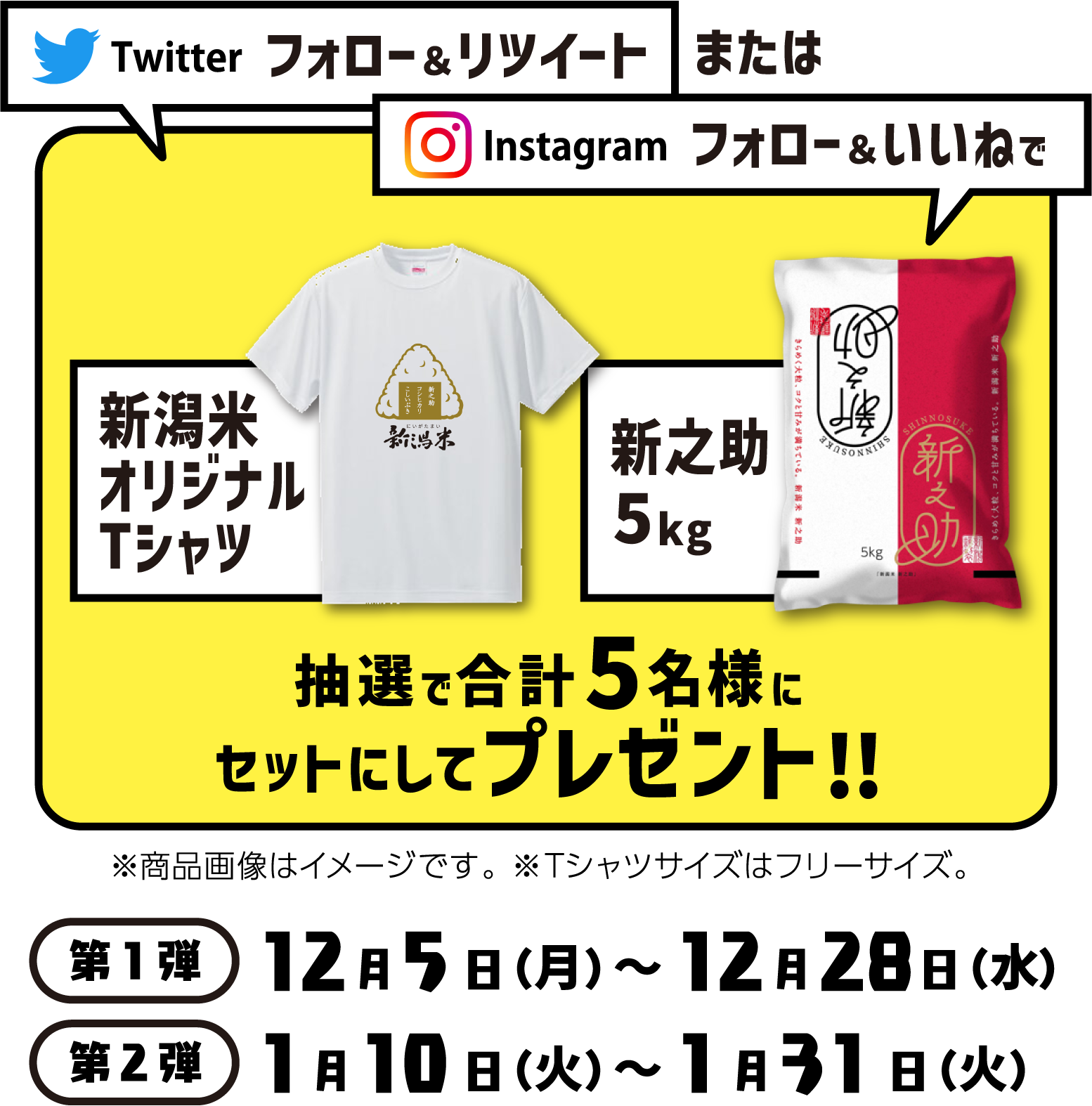 Twitterフォロー＆リツイートまたはInstagramフォロー＆いいねで「新潟米オリジナルTシャツ」「新之助５kg」抽選で合計5名様にセットにしてプレゼント！！※商品画像はイメージです。 ※Tシャツサイズはフリーサイズ。第1弾12月5日（月）～12月28日（水）第2弾1月10日（火）～1月31日（火）