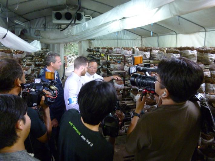 番組で「視察団」と呼ばれる外国人に日本の椎茸について説明するJA徳島市しいたけ統一部会の坂口統一部会長の内容を表示